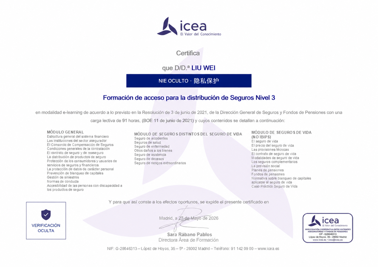 ICEA Nivel 3 insurance distribution training certificate with identity number and verification code redacted